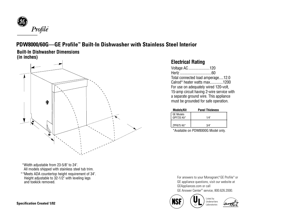 GE Profile PDW8060GSS User Manual | 2 pages