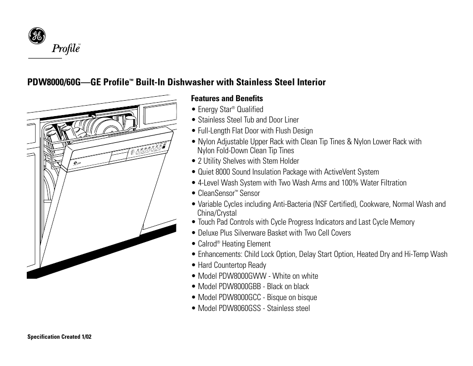 Built-in dishwasher with stainless steel interior | GE Profile PDW8060GSS User Manual | Page 2 / 2