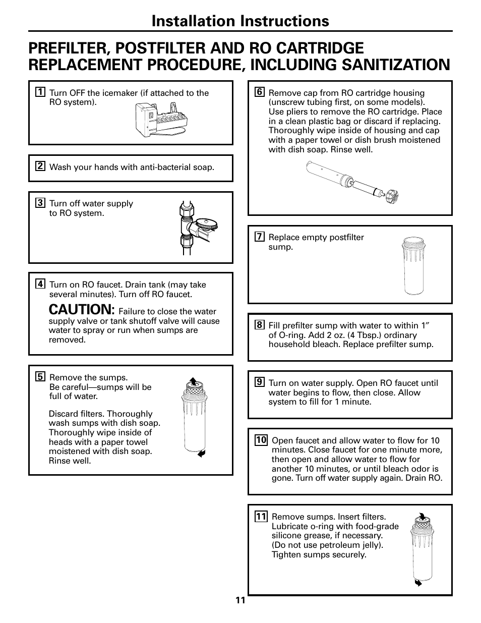 Prefilter, postfilter and ro cartridge replacement, Sanitization, Caution | GE GXRM10G User Manual | Page 11 / 64