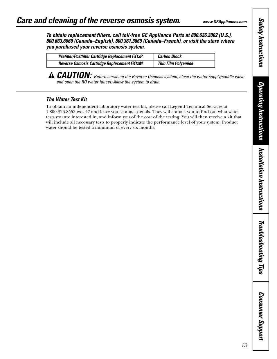 Water test kit, Care and cleaning of the reverse osmosis system, Caution | GE GXRM10G User Manual | Page 13 / 64