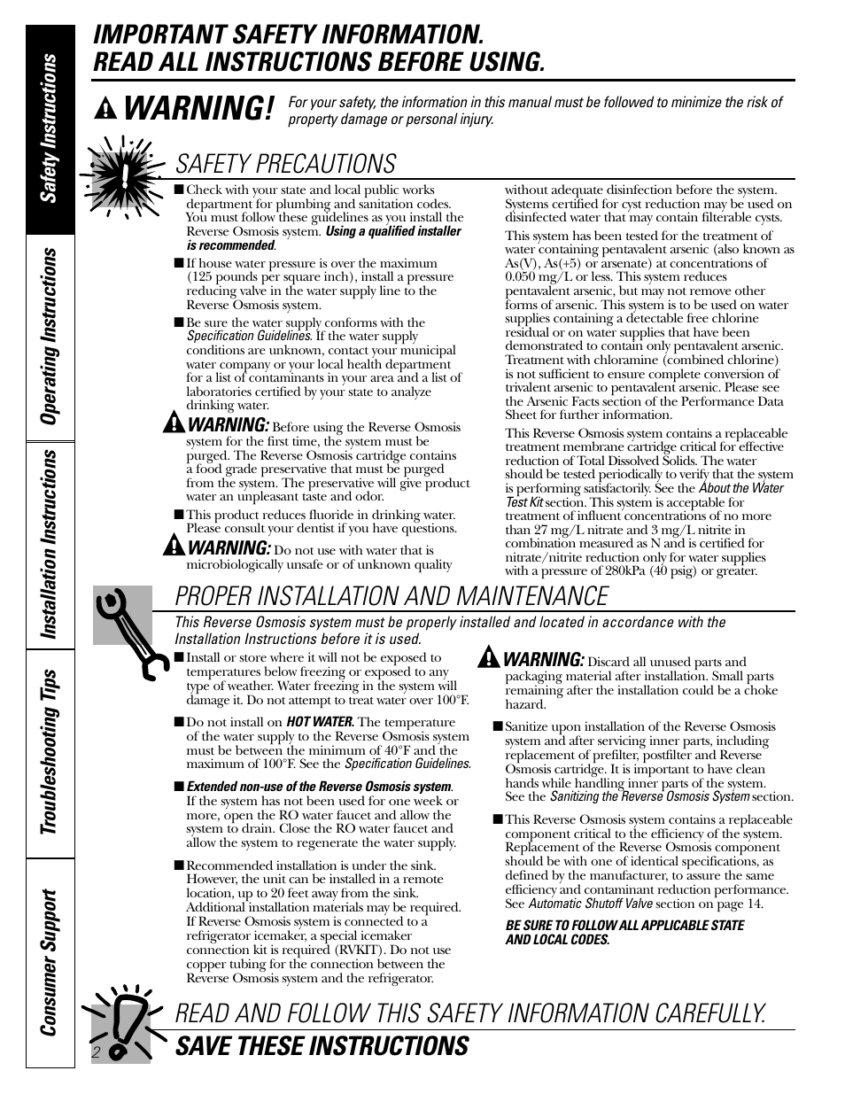 Safety instructions, Warning | GE GXRM10G User Manual | Page 2 / 64