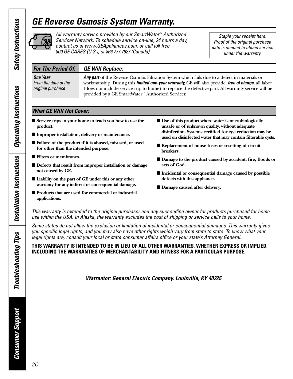 Warranty, Ge reverse osmosis system warranty | GE GXRM10G User Manual | Page 20 / 64