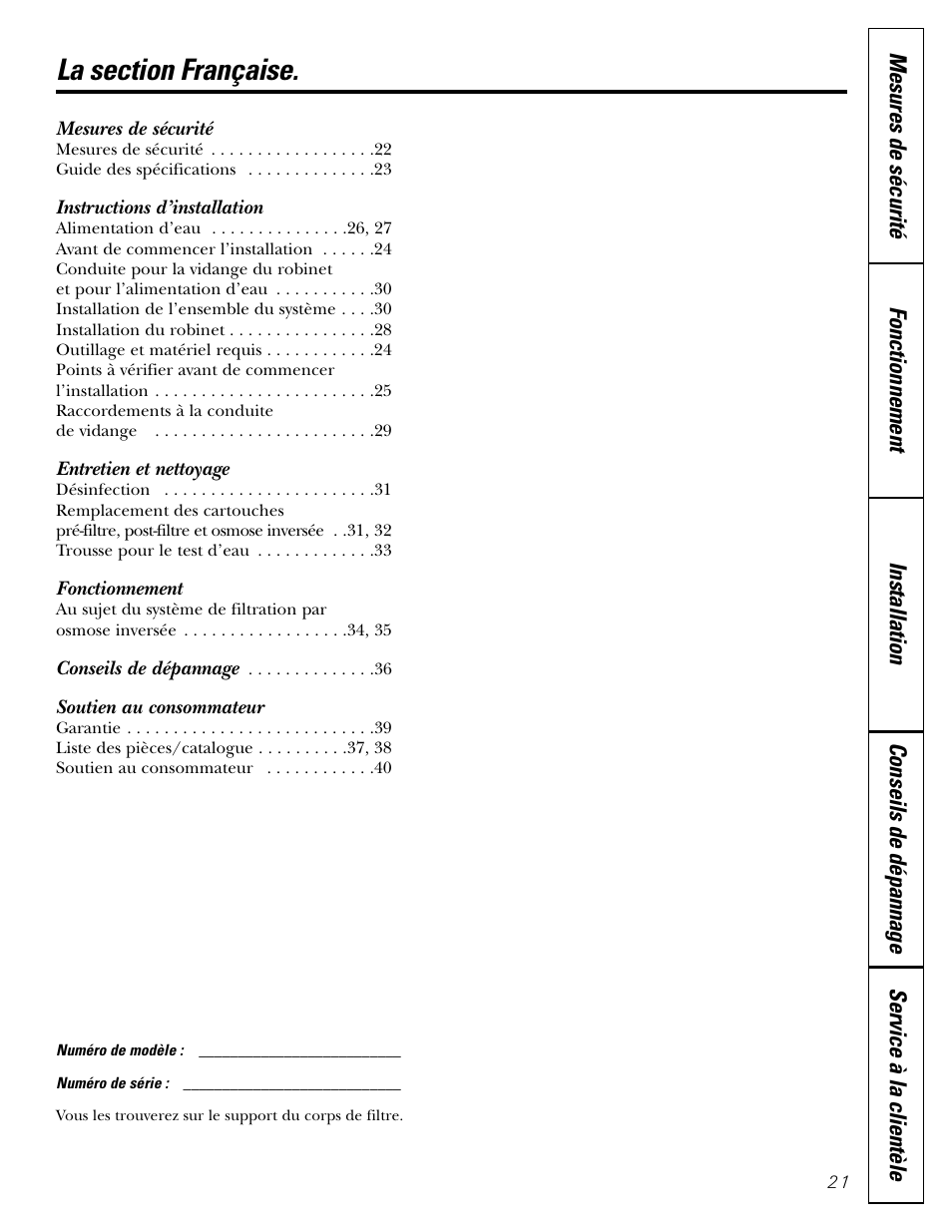 French table of contents, Mesures de sécurité, Instructions d’installation | Entretien et nettoyage, Fonctionnement, Soutien au consommateur | GE GXRM10G User Manual | Page 21 / 64