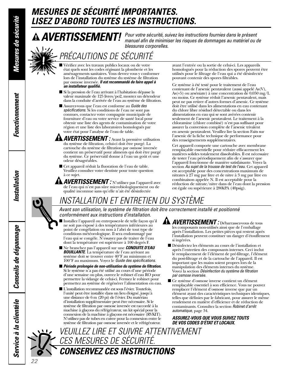 Mesures de sécurité, Avertissement | GE GXRM10G User Manual | Page 22 / 64