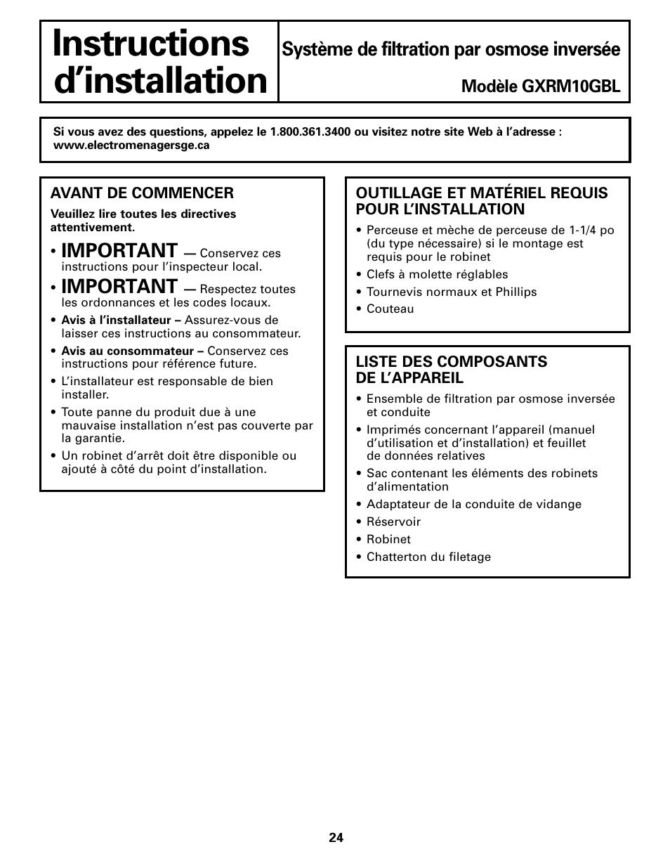 Avant de commencer l’installation, Outillage et matériel requis, Instructions | D’installation, Système de filtration par osmose inversée, Important, Modèle gxrm10gbl | GE GXRM10G User Manual | Page 24 / 64