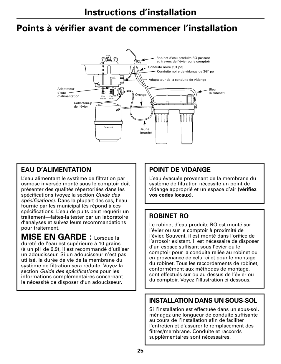 Mise en garde, Eau d’alimentation, Point de vidange | Installation dans un sous-sol, Robinet ro | GE GXRM10G User Manual | Page 25 / 64