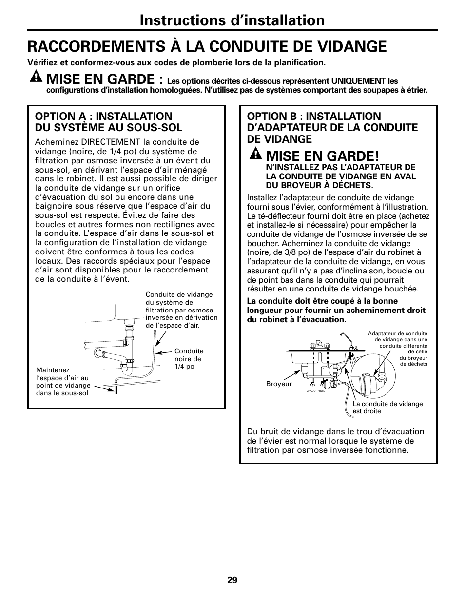 Raccordements à la conduite de vidange, Mise en garde, Option a : installation du système au sous-sol | GE GXRM10G User Manual | Page 29 / 64