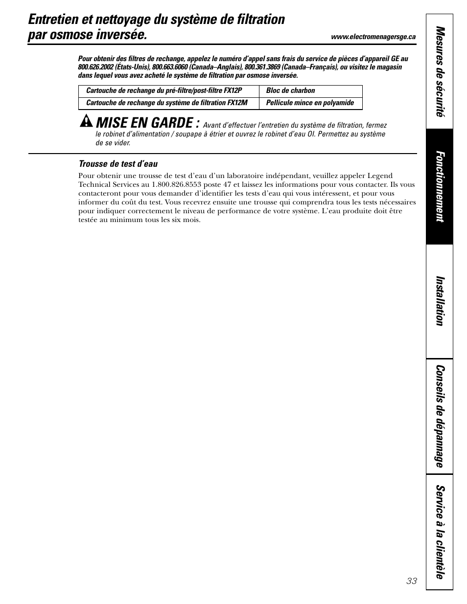 Trousse pour le test d’eau, Mise en garde | GE GXRM10G User Manual | Page 33 / 64