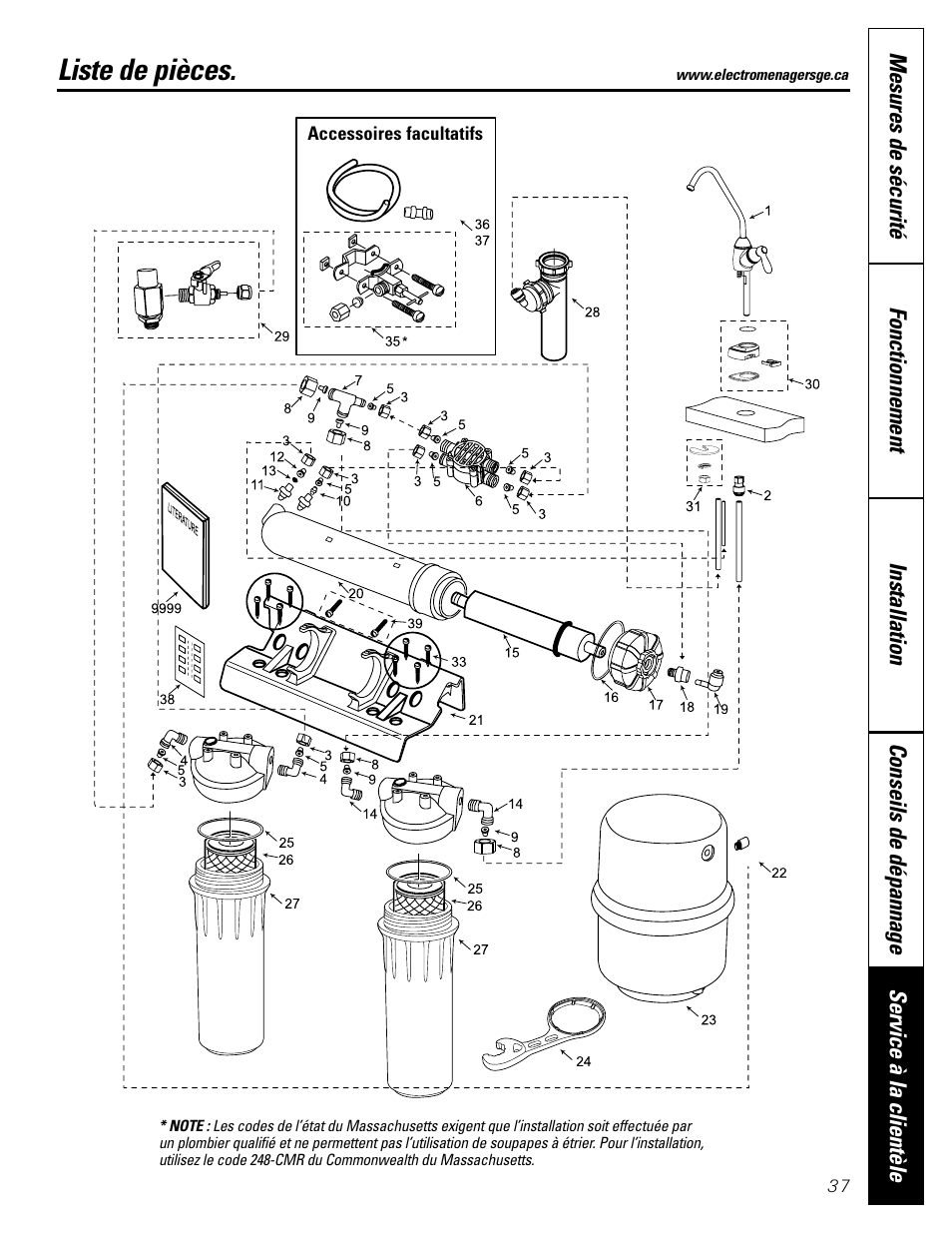 Liste des pièces/catalogue, Liste des pièces/catalogue , 38, Liste de pièces | GE GXRM10G User Manual | Page 37 / 64