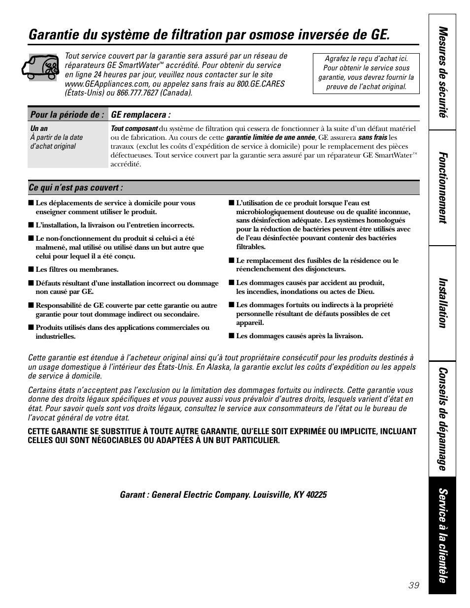 Garantie | GE GXRM10G User Manual | Page 39 / 64