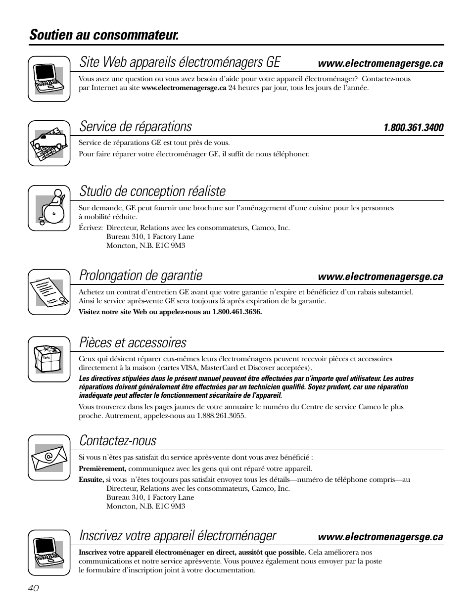 Soutien au consommateur, Service de réparations, Studio de conception réaliste | Prolongation de garantie, Pièces et accessoires, Contactez-nous, Inscrivez votre appareil électroménager | GE GXRM10G User Manual | Page 40 / 64