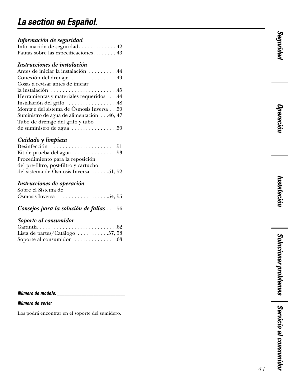 Spanish table of contents, Información de seguridad, Instrucciones de instalación | Cuidado y limpieza, Instrucciones de operación, Soporte al consumidor | GE GXRM10G User Manual | Page 41 / 64