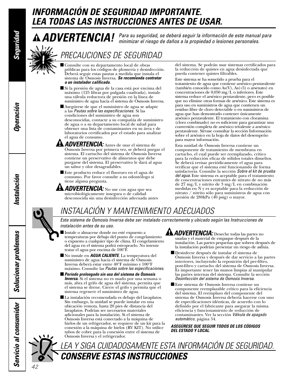 Información de seguridad, Advertencia, Conserve estas instrucciones | GE GXRM10G User Manual | Page 42 / 64