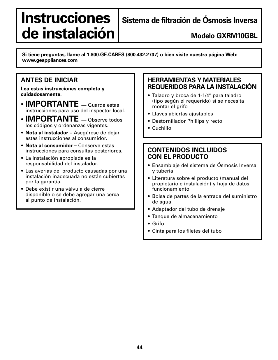 Antes de iniciar la instalación, Herramientas y materiales requeridos, Instrucciones | De instalación, Sistema de filtración de ósmosis inversa, Importante, Modelo gxrm10gbl | GE GXRM10G User Manual | Page 44 / 64