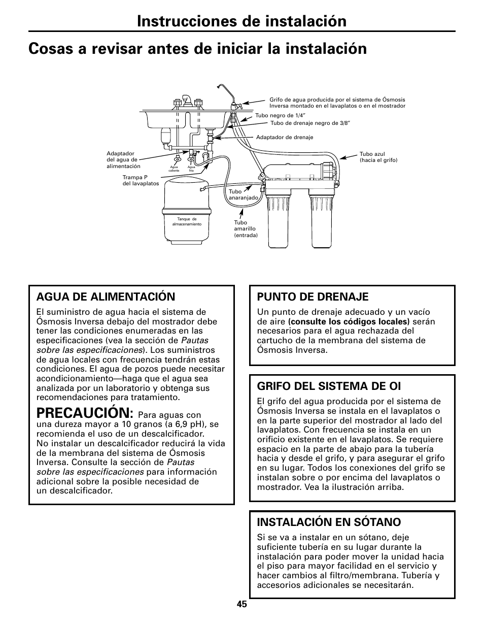 Cosas a revisar antes de iniciar la instalación, Precaución, Agua de alimentación | Punto de drenaje, Instalación en sótano, Grifo del sistema de oi | GE GXRM10G User Manual | Page 45 / 64