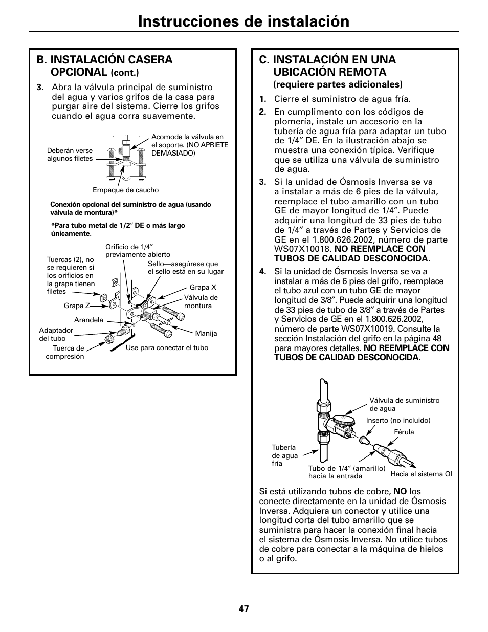 Instrucciones de instalación, B. instalación casera opcional, C. instalación en una ubicación remota | GE GXRM10G User Manual | Page 47 / 64