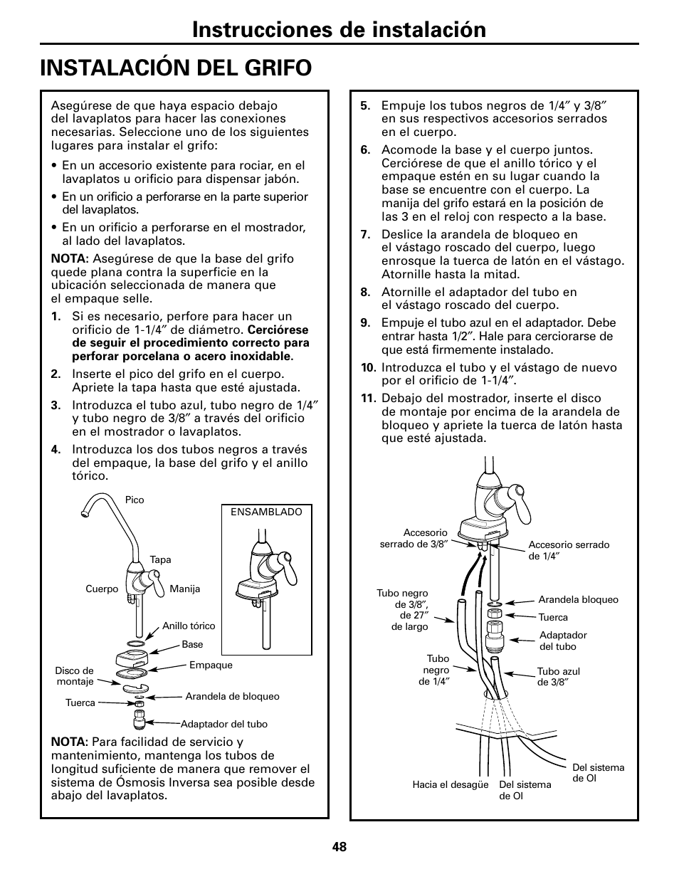 Instalación del grifo, Instrucciones de instalación instalación del grifo | GE GXRM10G User Manual | Page 48 / 64