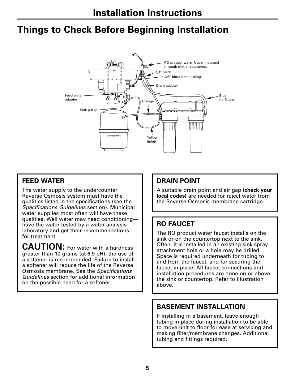 Things to check before installation, Caution, Feed water | Drain point, Basement installation, Ro faucet | GE GXRM10G User Manual | Page 5 / 64