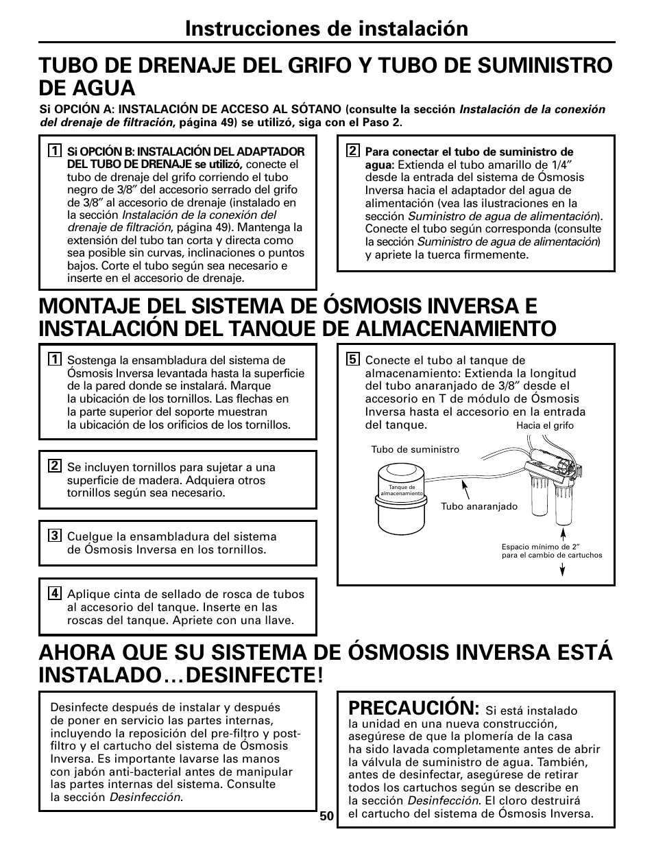 Montaje del sistema de ósmosis inversa, Precaución | GE GXRM10G User Manual | Page 50 / 64