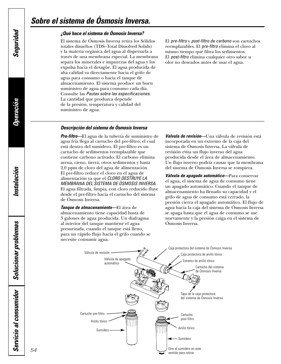 Sobre el sistema de ósmosis inversa, Sobre el sistema de ósmosis inversa , 55 | GE GXRM10G User Manual | Page 54 / 64