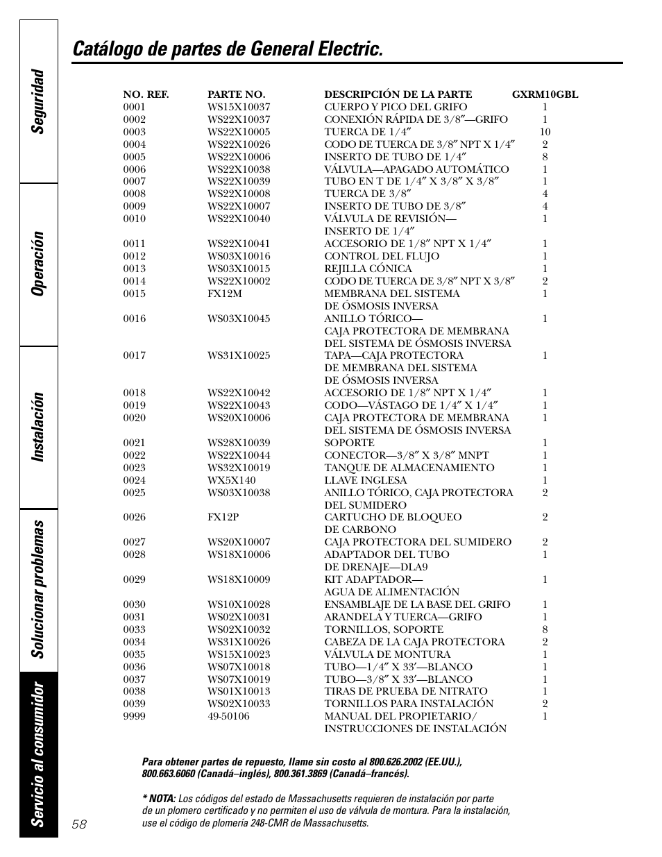 Catálogo de partes de general electric | GE GXRM10G User Manual | Page 58 / 64