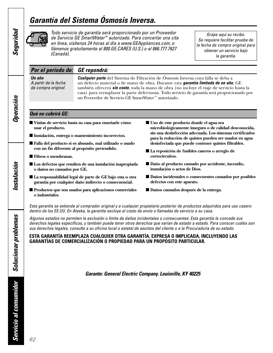 Garantía, Garantía del sistema ósmosis inversa | GE GXRM10G User Manual | Page 62 / 64