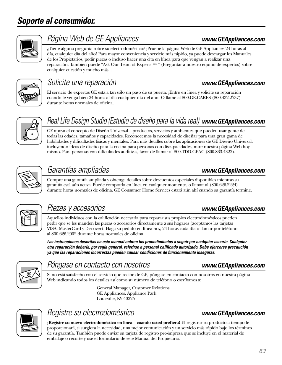 Soporte al consumidor, Soporte al consumidor. página web de ge appliances, Solicite una reparación | Garantías ampliadas, Piezas y accesorios, Póngase en contacto con nosotros, Registre su electrodoméstico | GE GXRM10G User Manual | Page 63 / 64