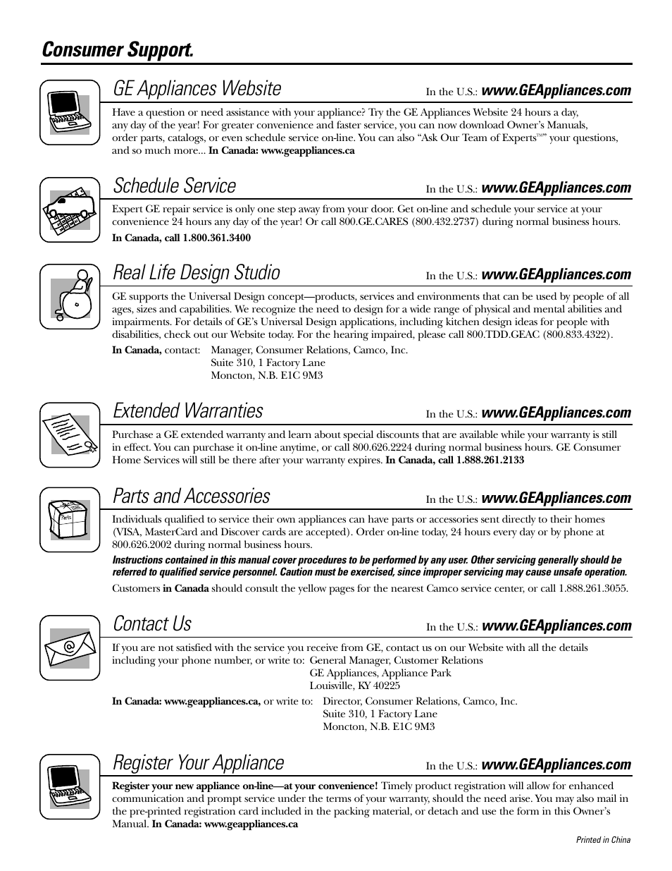 Consumer support, Consumer support . . . . .back cover, Consumer support. ge appliances website | Schedule service, Real life design studio, Extended warranties, Parts and accessories, Contact us, Register your appliance | GE GXRM10G User Manual | Page 64 / 64