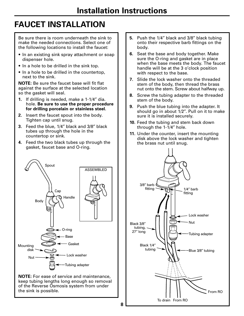 Faucet installation, Installation instructions faucet installation | GE GXRM10G User Manual | Page 8 / 64