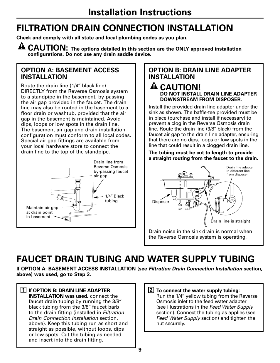 Drain connections, Faucet drain tubing and water supply tubings, Faucet drain tubing and water supply tubing | Caution | GE GXRM10G User Manual | Page 9 / 64