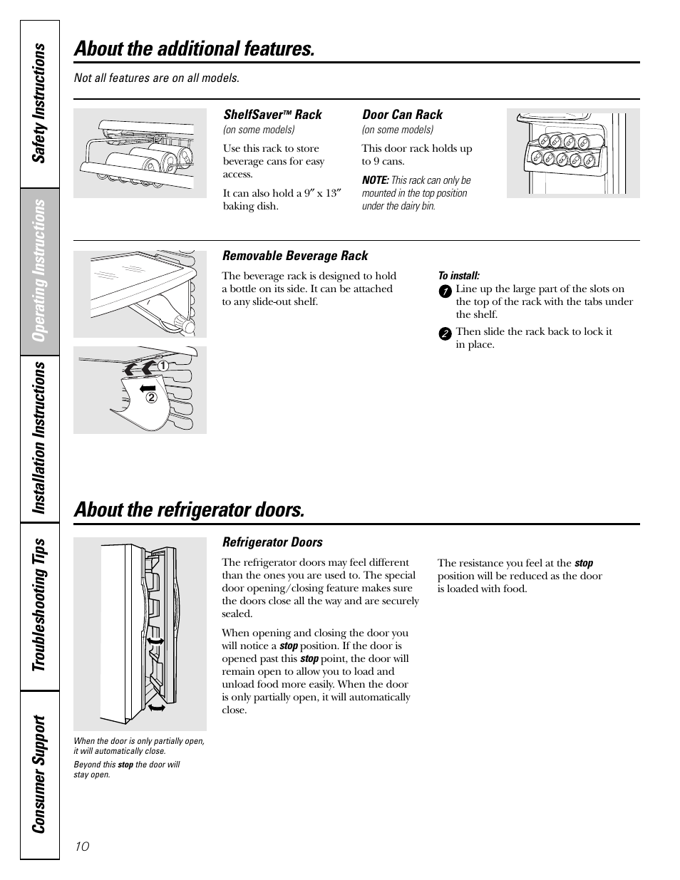 Additional features, Refrigerator doors, Refrigerator doors , 11 | About the additional features, About the refrigerator doors | GE 23 User Manual | Page 10 / 112