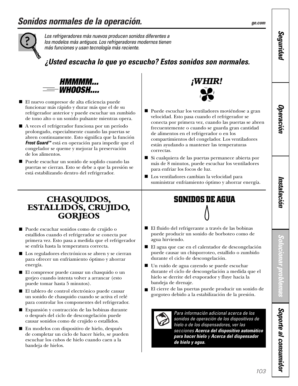 Sonidos normales de la operación, Chasquidos, estallidos, crujido, gorjeos, Sonidos de agua | Whir | GE 23 User Manual | Page 103 / 112