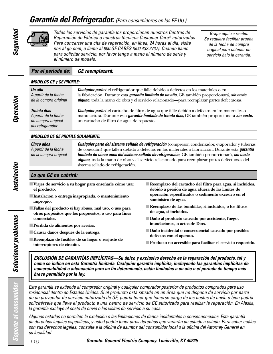 Garantía para consumidores en los estados unidos, Garantía del refrigerador | GE 23 User Manual | Page 110 / 112