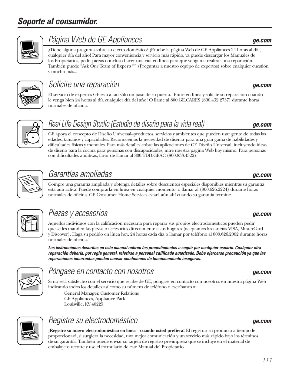 Soporte al consumidor, Soporte al consumidor. página web de ge appliances, Solicite una reparación | Garantías ampliadas, Piezas y accesorios, Póngase en contacto con nosotros, Registre su electrodoméstico | GE 23 User Manual | Page 111 / 112
