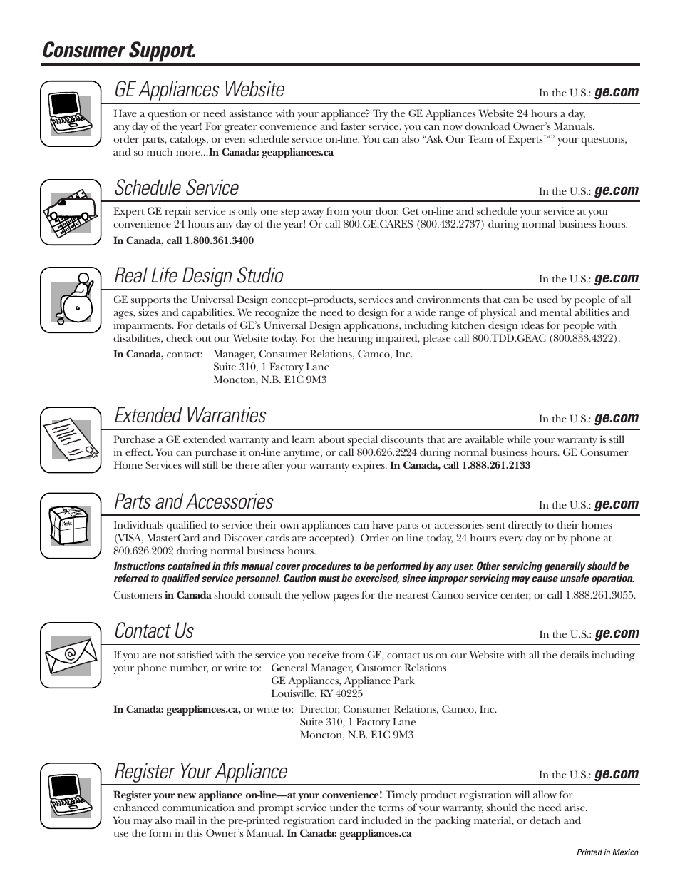 Consumer support, Consumer support. ge appliances website, Schedule service | Real life design studio, Extended warranties, Parts and accessories, Contact us, Register your appliance | GE 23 User Manual | Page 112 / 112