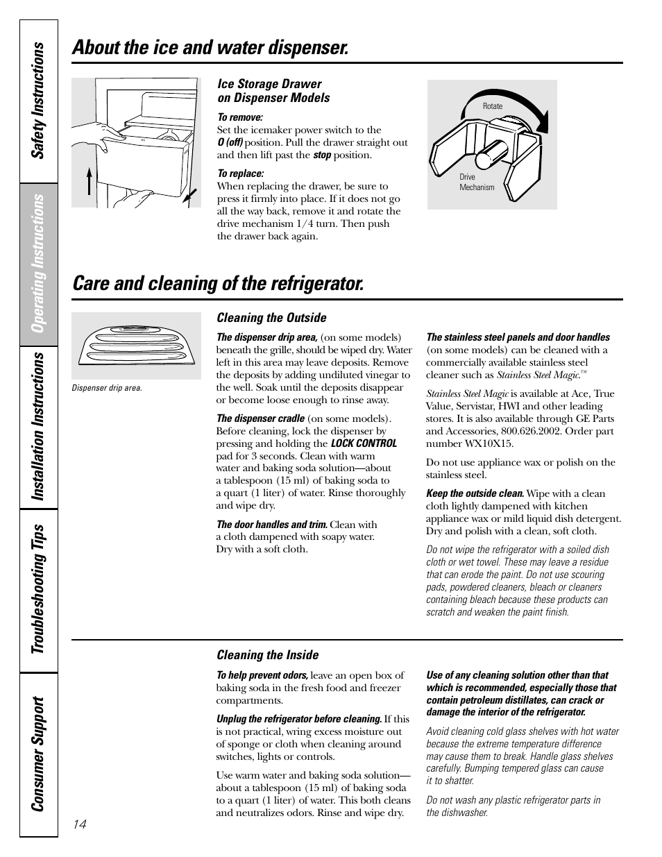 Care and cleaning, Care and cleaning , 15, Care and cleaning of the refrigerator | About the ice and water dispenser | GE 23 User Manual | Page 14 / 112