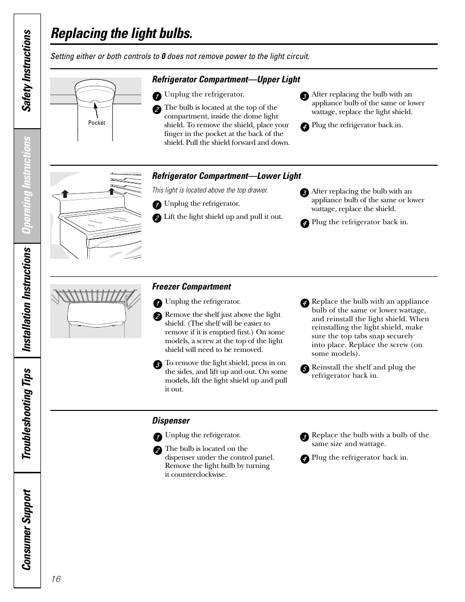 Replacing the light bulbs | GE 23 User Manual | Page 16 / 112