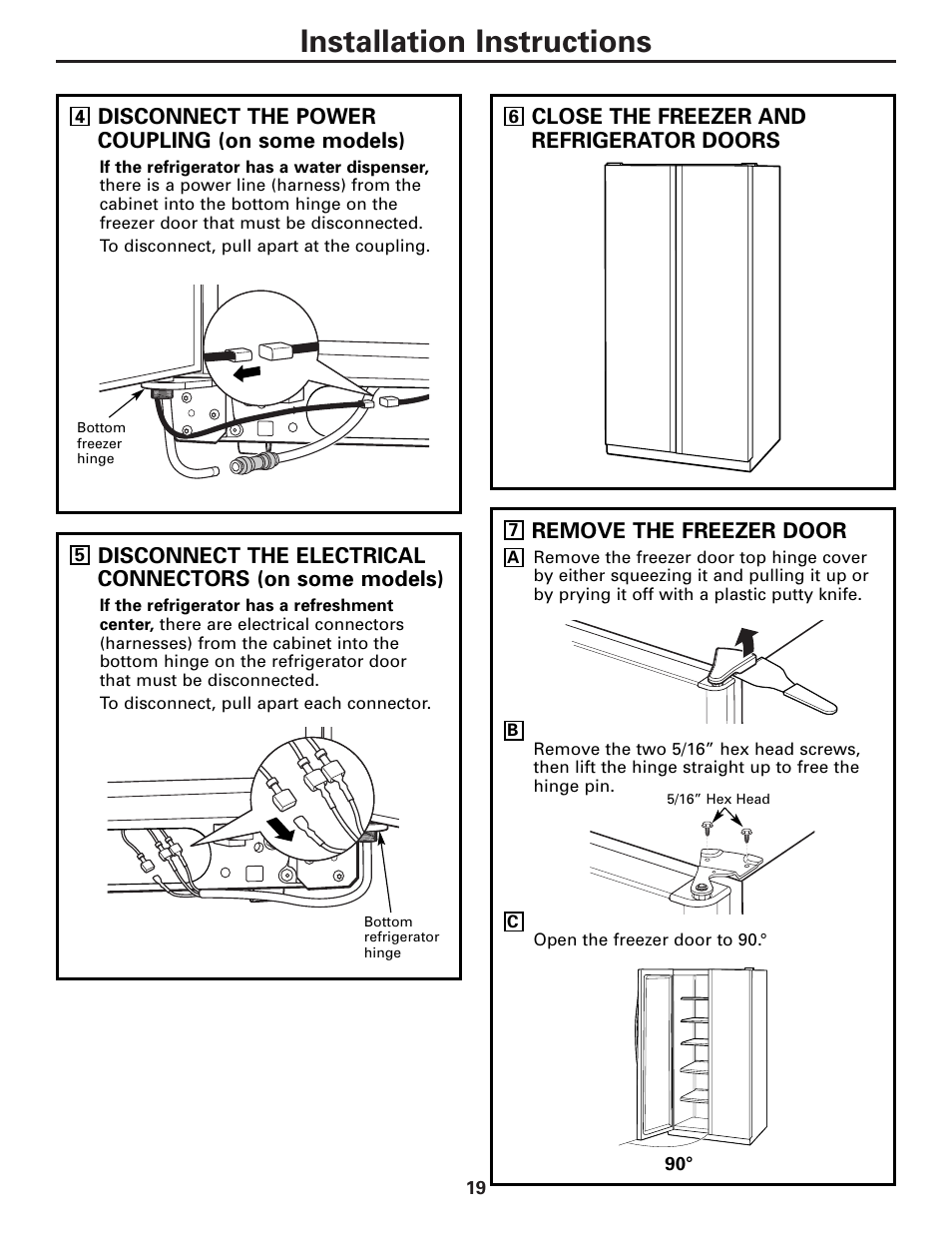 Removing and replacing doors, Installation instructions | GE 23 User Manual | Page 19 / 112