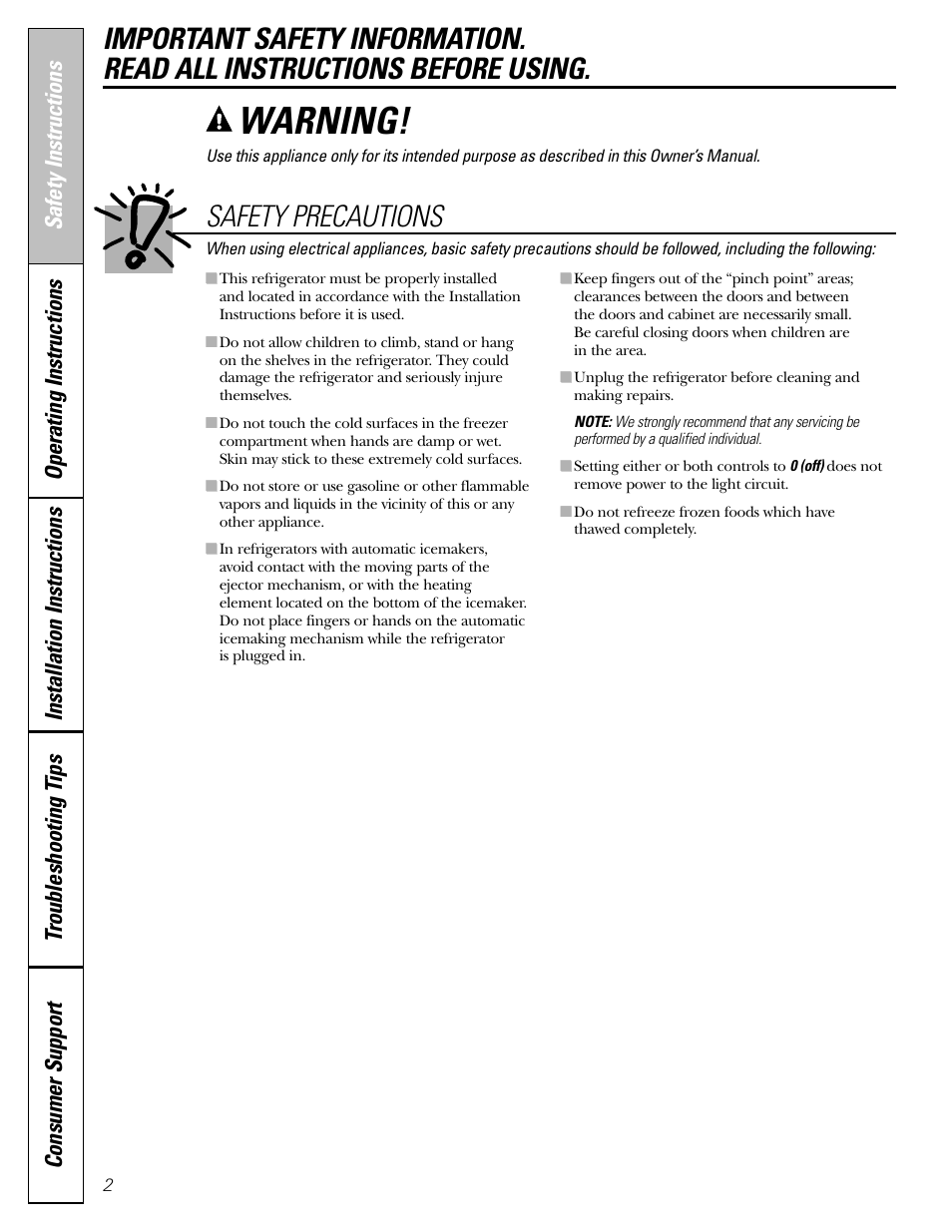 Safety instructions, Warning, Safety precautions | GE 23 User Manual | Page 2 / 112