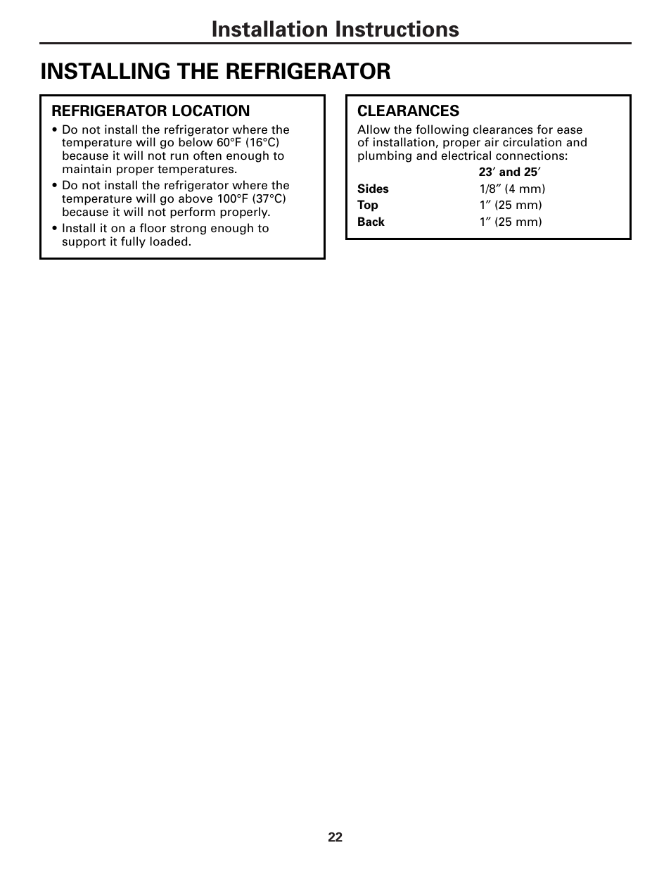 Installing the refrigerator | GE 23 User Manual | Page 22 / 112