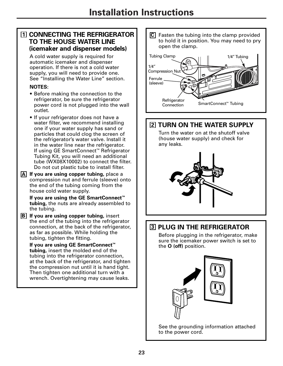 Installation instructions, Turn on the water supply, Plug in the refrigerator | GE 23 User Manual | Page 23 / 112