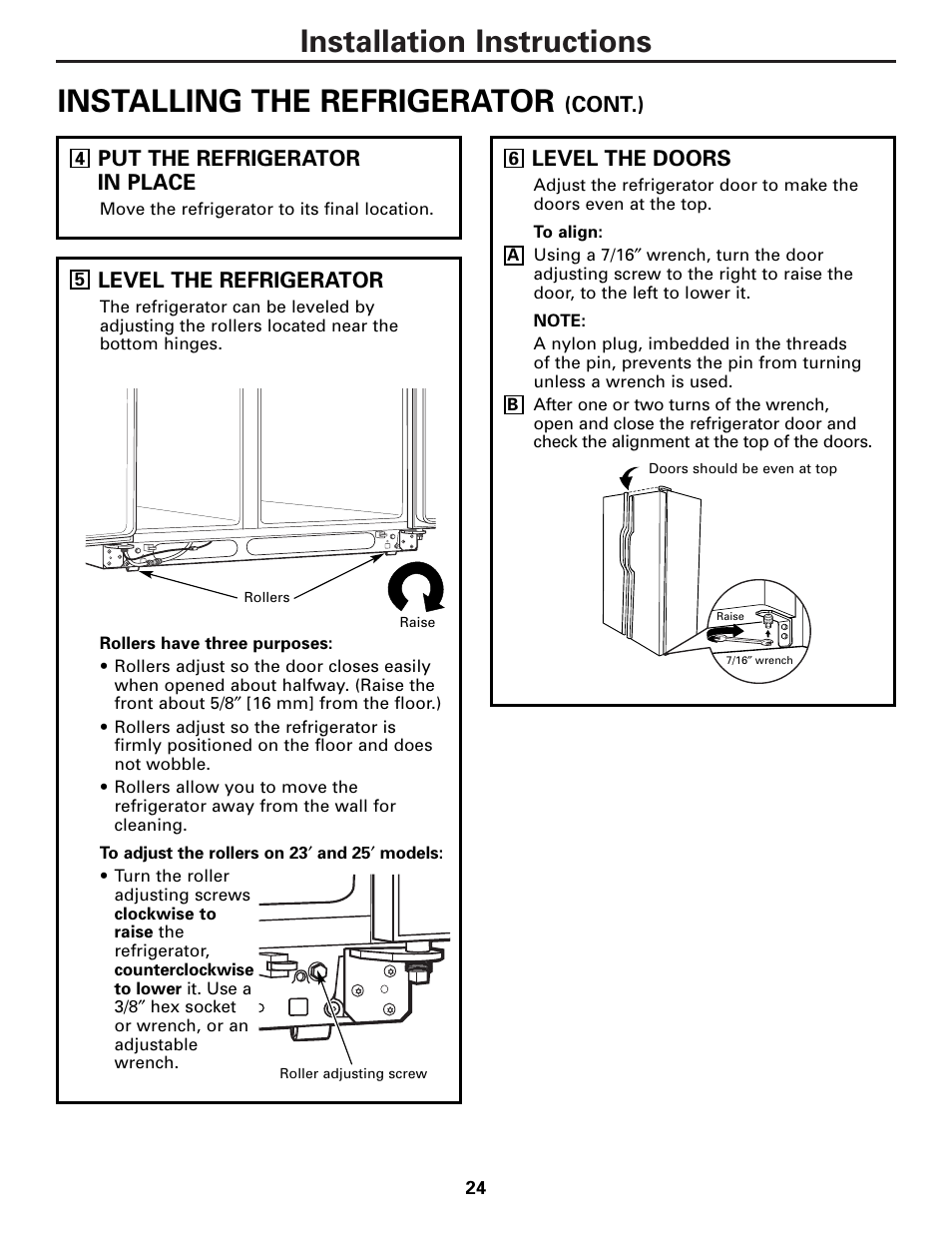 Cont.) put the refrigerator in place, Level the refrigerator, Level the doors | GE 23 User Manual | Page 24 / 112