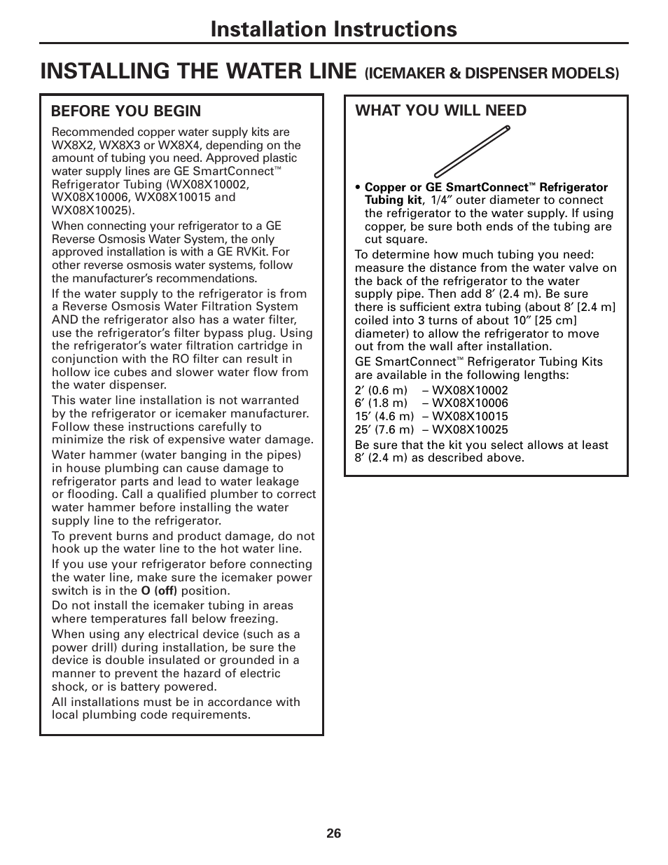 Water line installation, Installing the water line, Installation instructions | GE 23 User Manual | Page 26 / 112