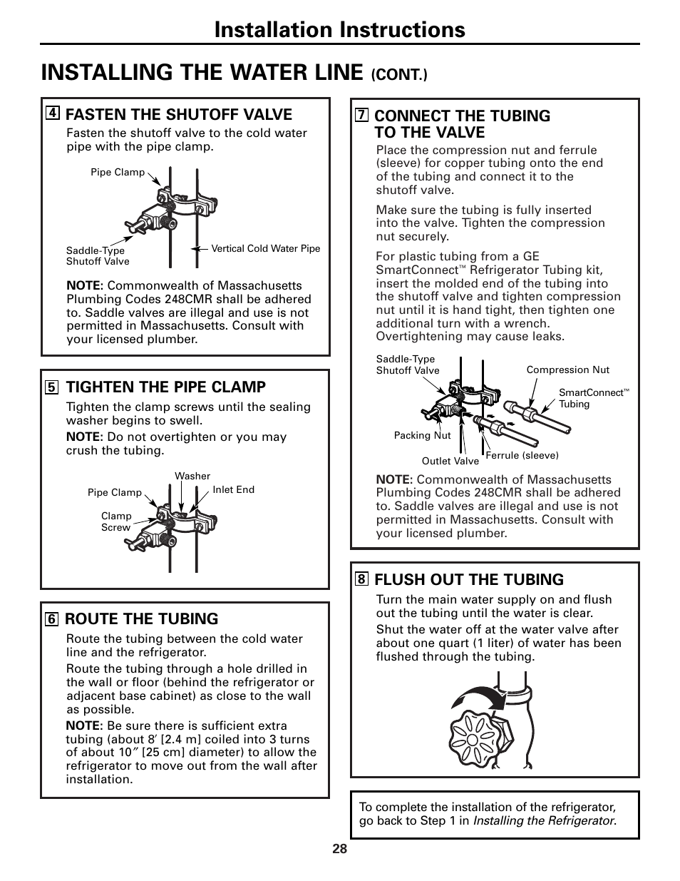 Installing the water line, Installation instructions, Connect the tubing to the valve | Flush out the tubing, Cont.), Fasten the shutoff valve, Tighten the pipe clamp, Route the tubing | GE 23 User Manual | Page 28 / 112
