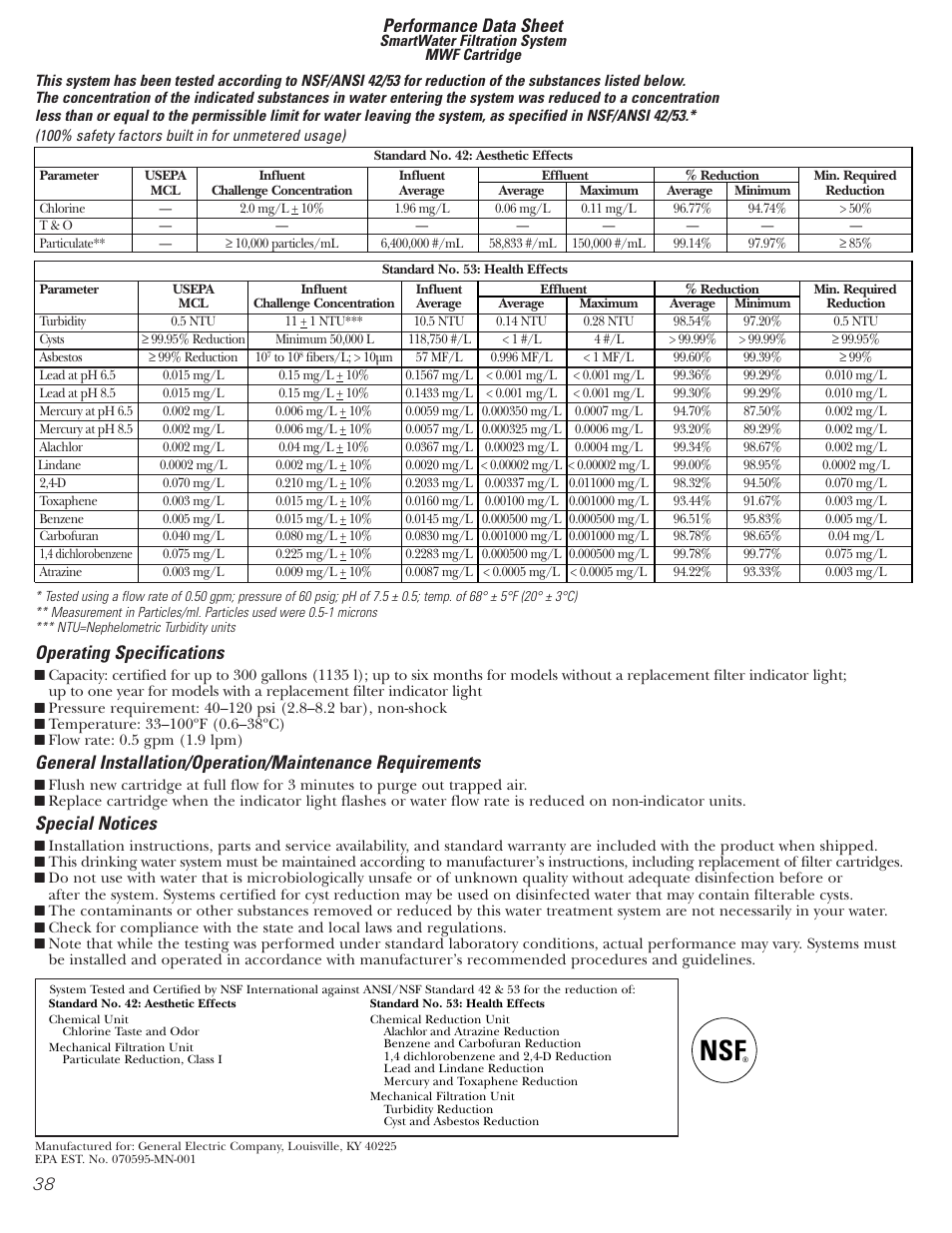 Performance data sheet, Operating specifications, Special notices | GE 23 User Manual | Page 38 / 112