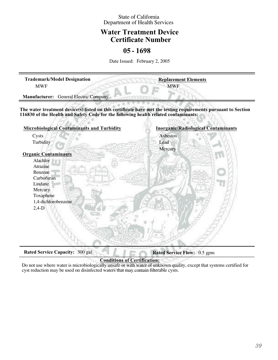 Water treatment device certificate number | GE 23 User Manual | Page 39 / 112