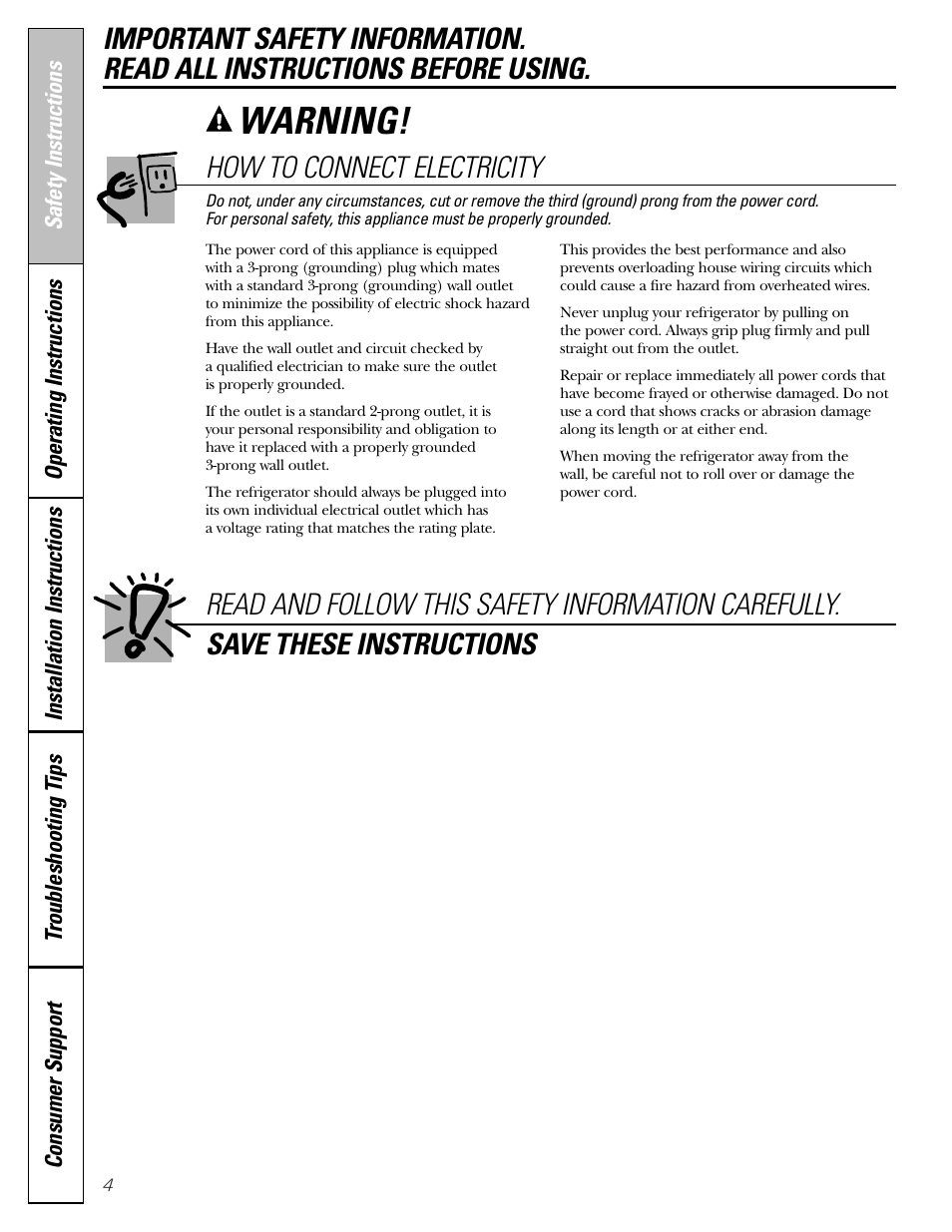 Warning, How to connect electricity | GE 23 User Manual | Page 4 / 112