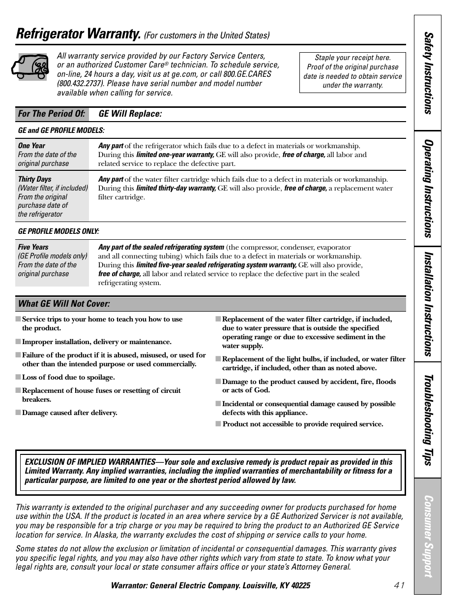 Warranty (u.s.), Refrigerator warranty | GE 23 User Manual | Page 41 / 112