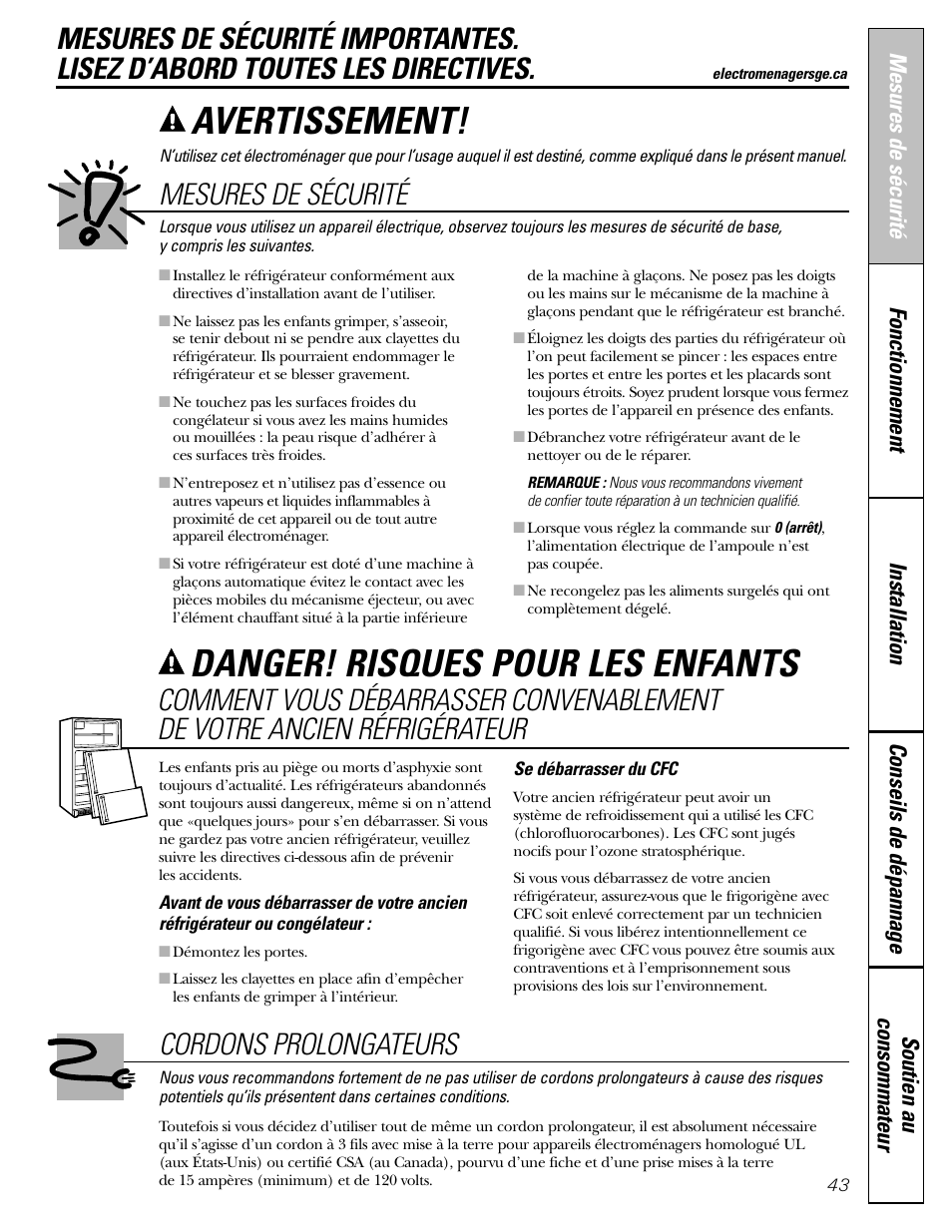 Mesures de sécurité, Avertissement, Danger! risques pour les enfants | Cordons prolongateurs | GE 23 User Manual | Page 43 / 112