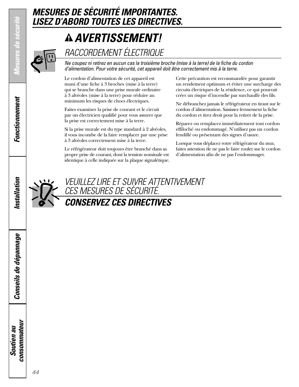 Avertissement, Raccordement électrique | GE 23 User Manual | Page 44 / 112